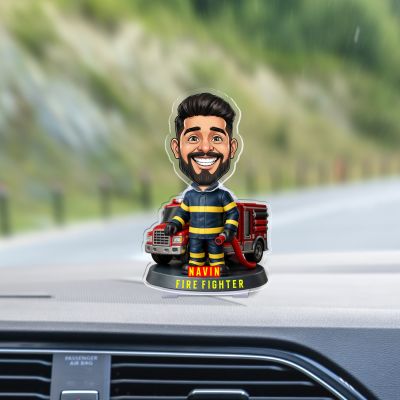 Personalized Firefighter Theme Caricature with Fire Truck Design Custom with Face Cutout & Name Truck Dashboard Decor Gift for Firemen Solar Powered Moving Head